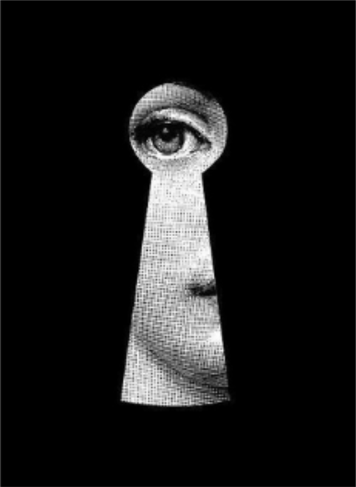 A single eye and partial face seen through a keyhole